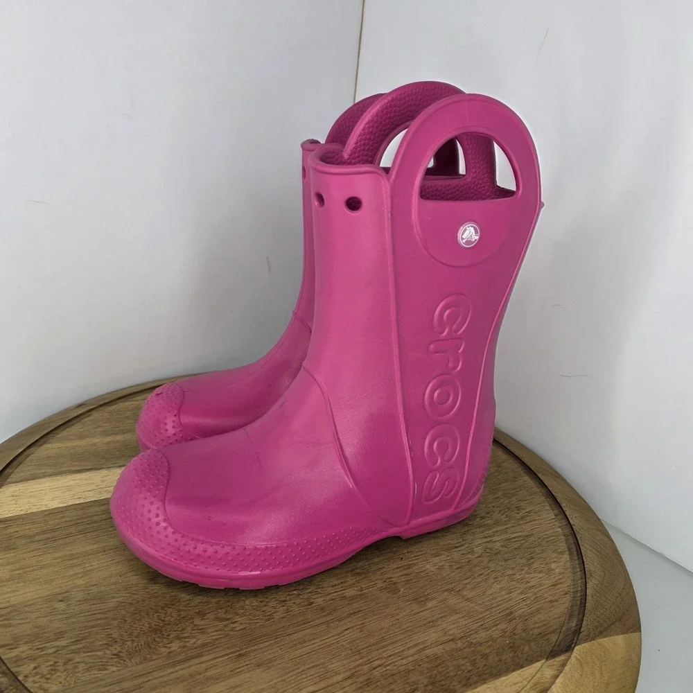 Crocs Kids Handle It Rain Boots Pink Crush J3 Easy On Off Large Handles